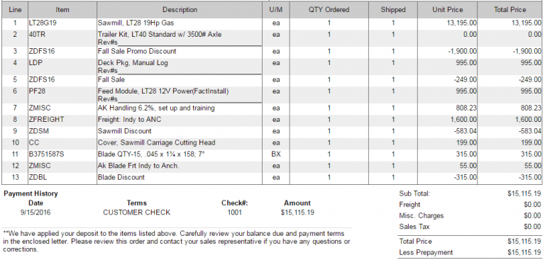 Invoice screen capture | WoodMizer Alaska